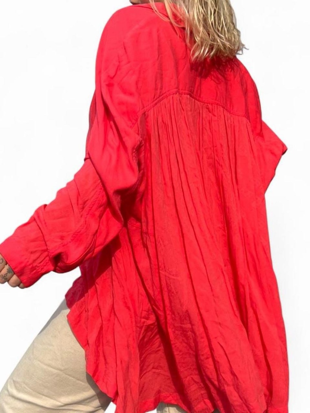 Free People Vibrant Red Oversized Button-Up Tunic